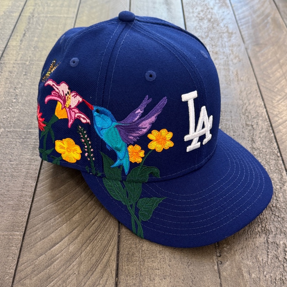 New Era Dodgers Hat with Floral Hummingbird Butterfly Design